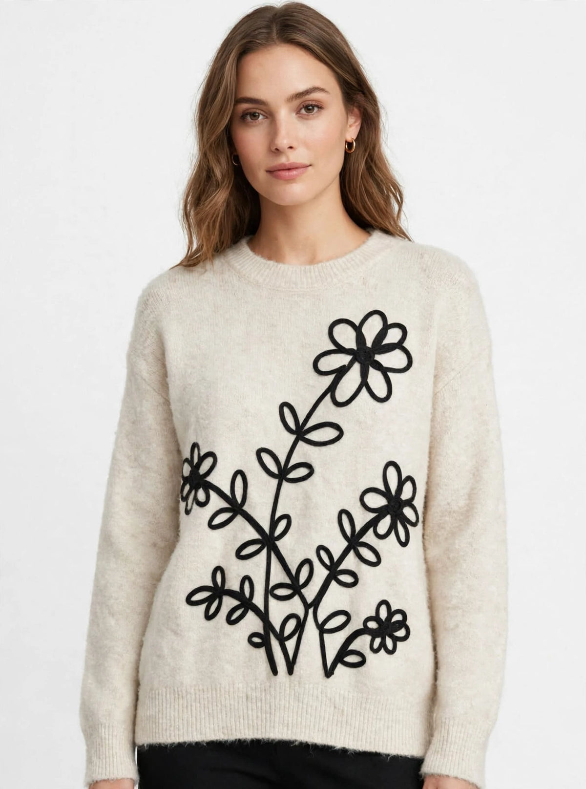 * Maglione Grigio Fiori Ricamati con Perle