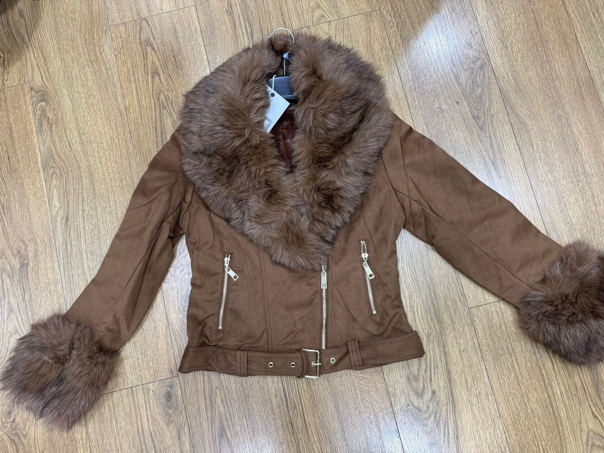 Giacchetta donna scamosciato  color marrone con pelliccia sintetica su polsi e collo