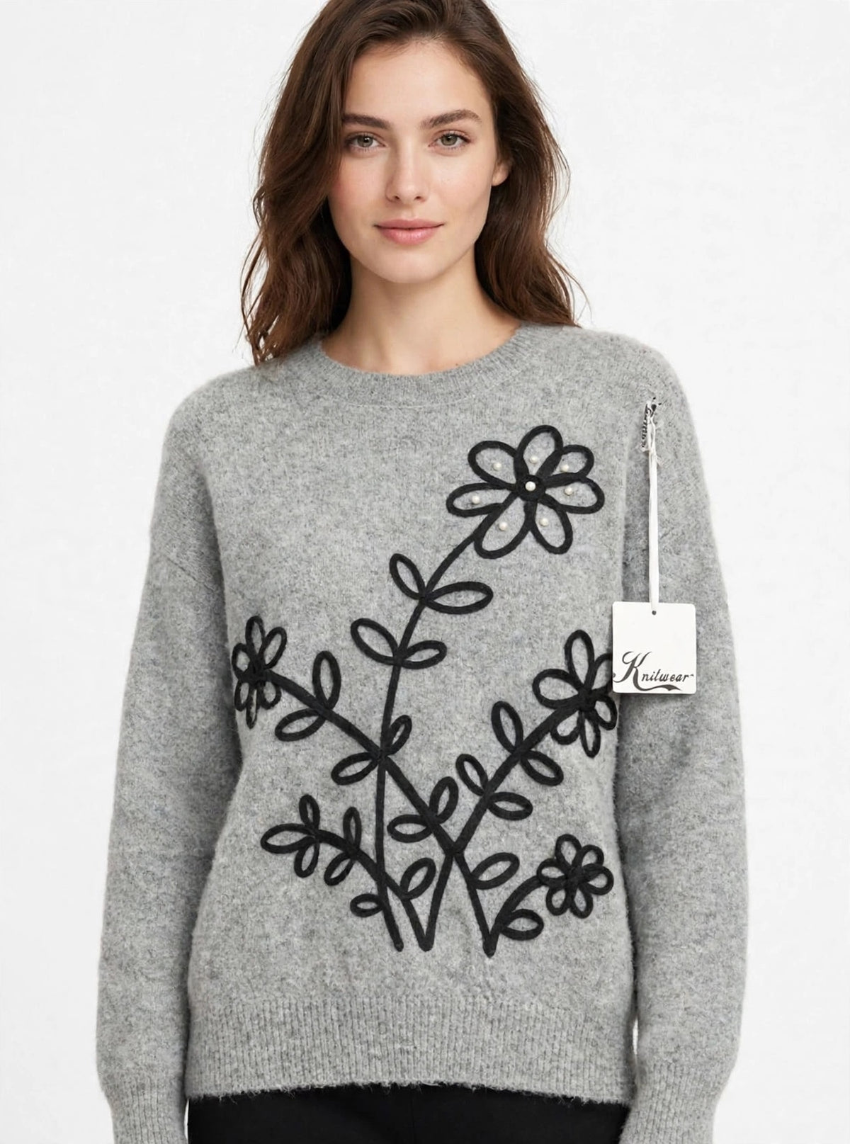 * Maglione Grigio Fiori Ricamati con Perle